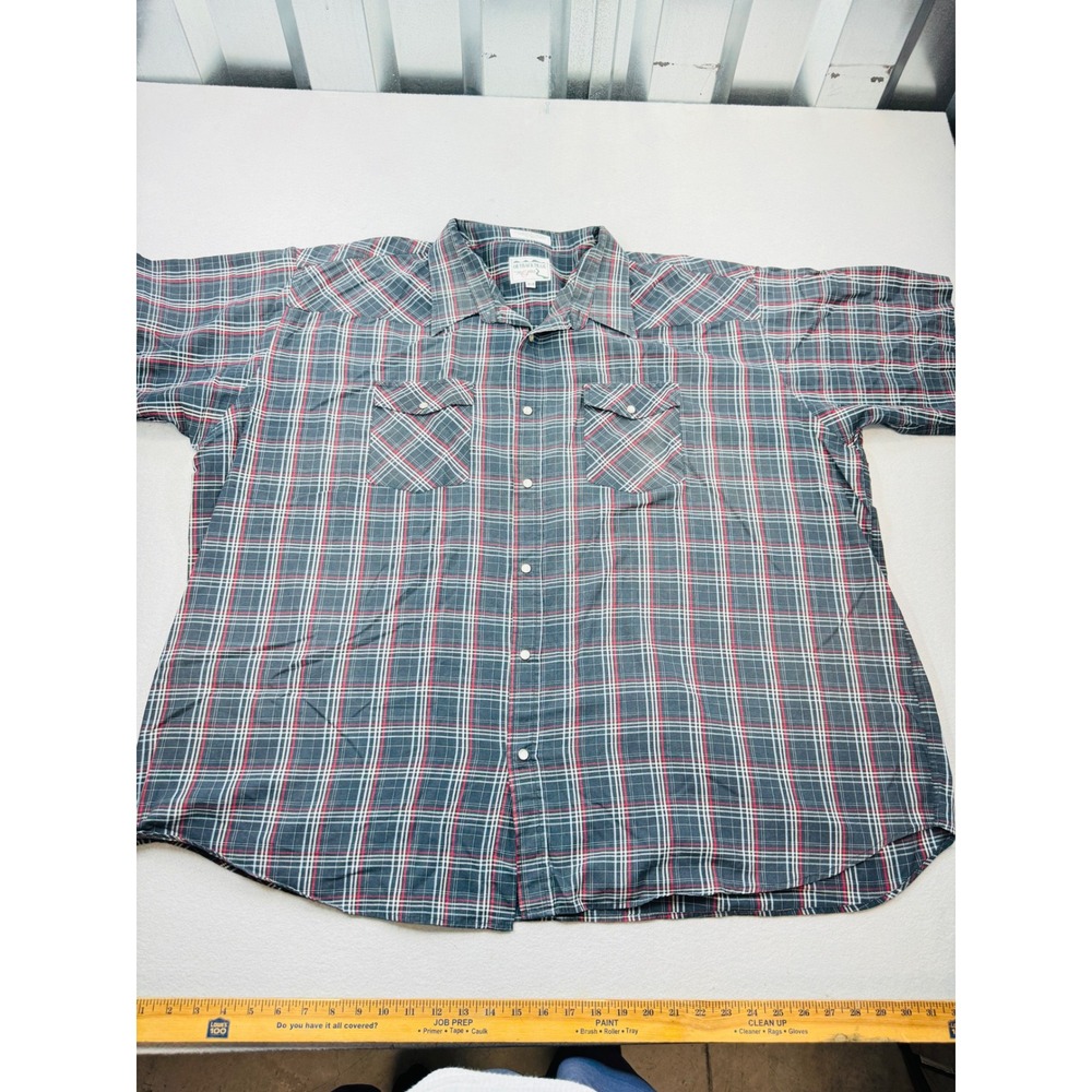 Outback Trail Foxfire Mens 4XB Western Pearl Snap Shirt Plaid Short Sleeve Navy